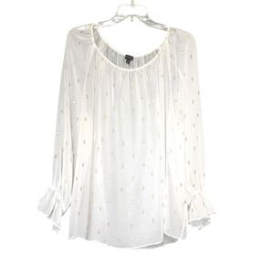 Talbots Womens XL White Gold Metallic Clip Dot Sheer Ruffle Peasant Blouse Top